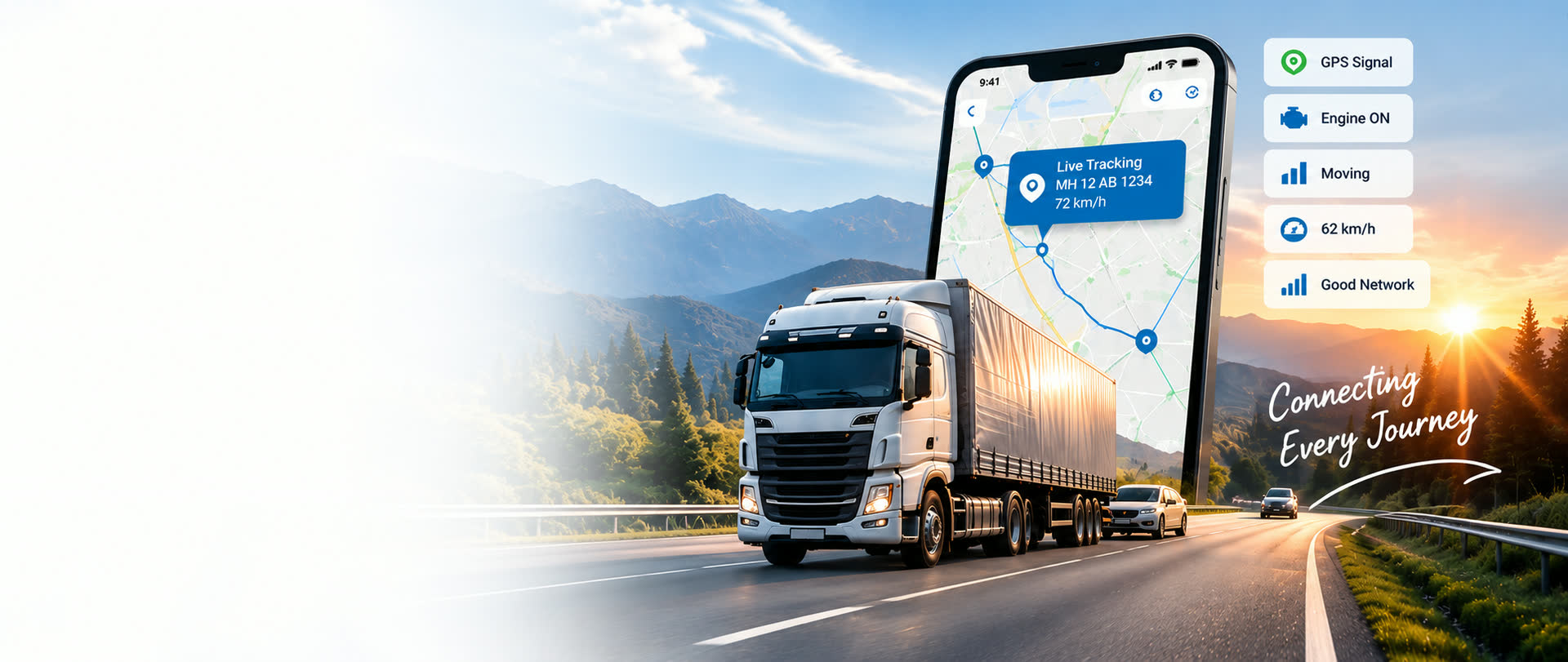A truck on an Indian highway beside a phone showing live vehicle tracking